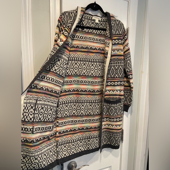 Monteau Size M Neon Stripe Black Cream Aztec Knit Open Front Hooded Cardigan - Picture 8 of 14